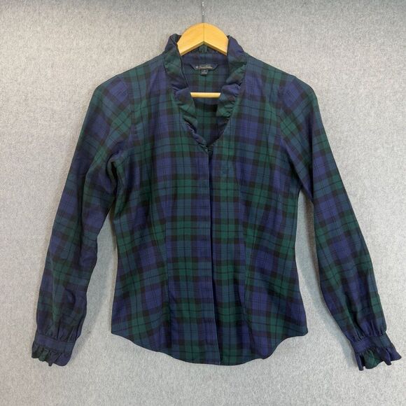 Brooks Brothers Tartan Plaid Ruffle Button-Down Blouse Women's Size 2 Navy Green - Picture 1 of 11